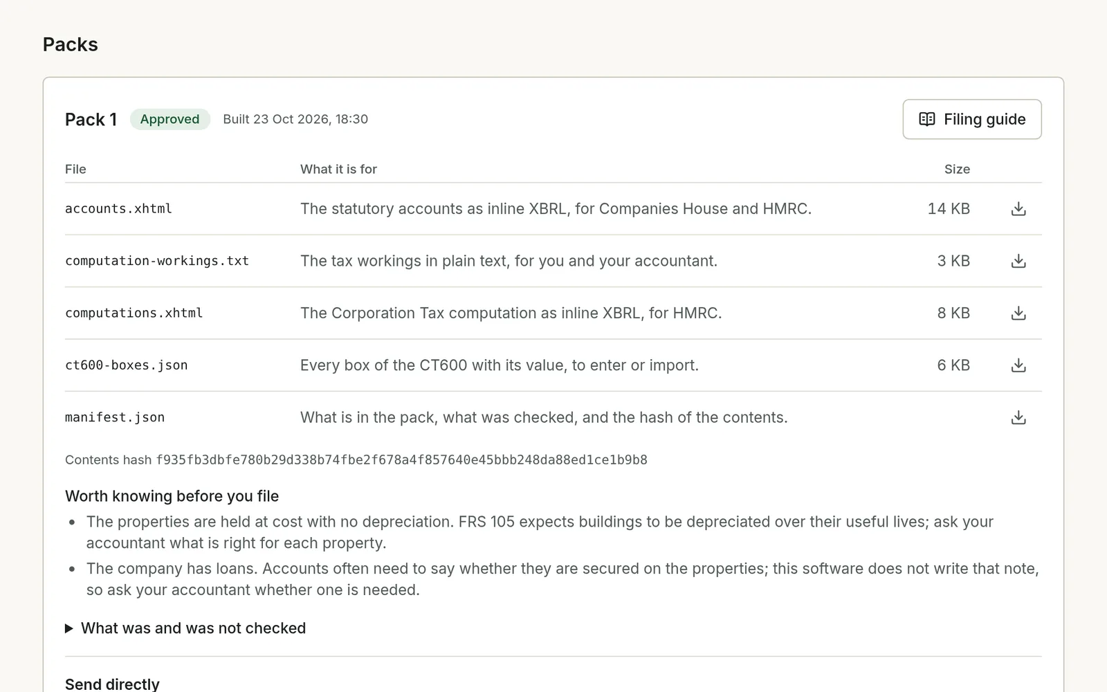 The Filing page with an approved pack and its list of files: the accounts, the tax workings, the Corporation Tax computation, the CT600 boxes and a manifest.