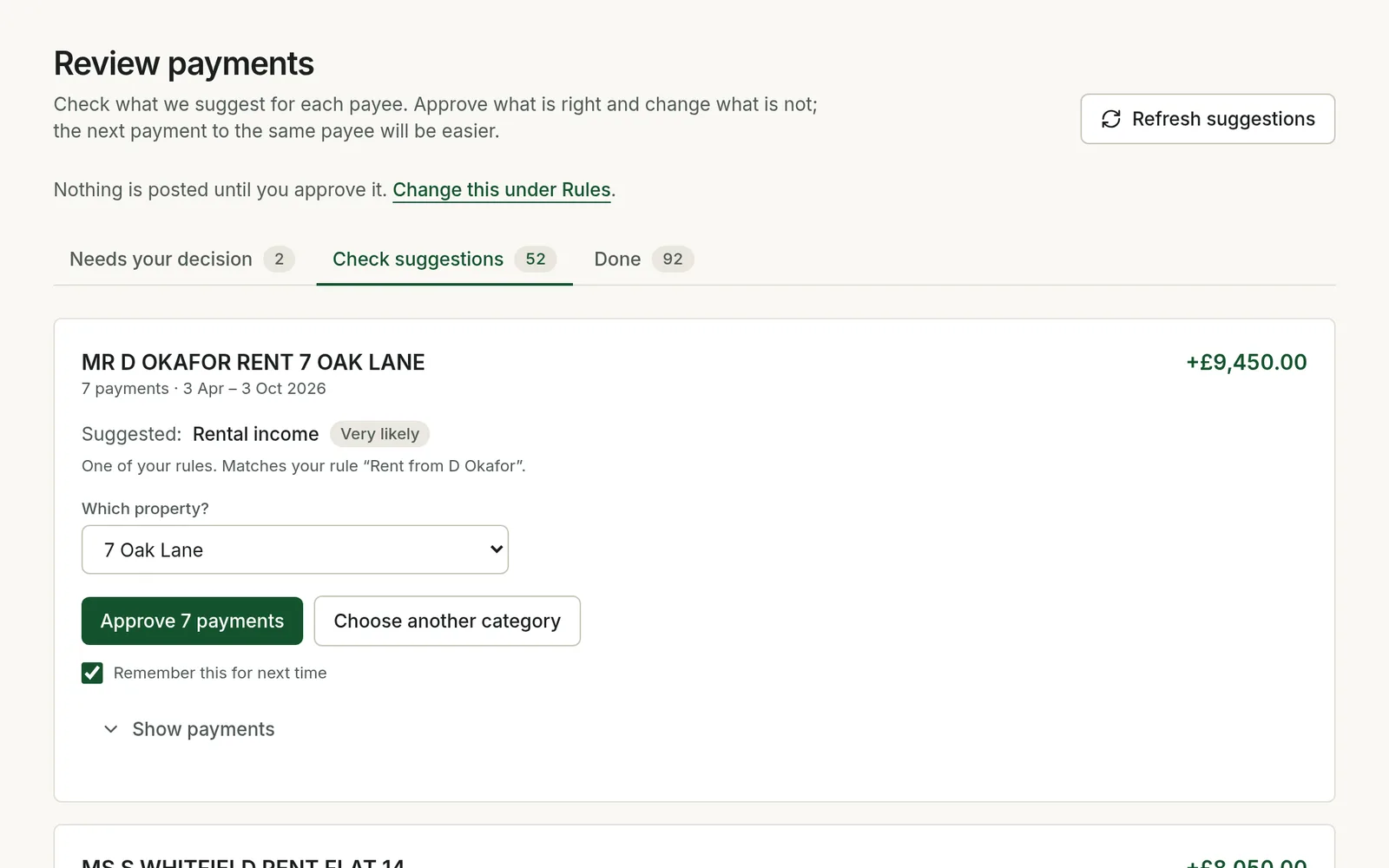The review page for an example property company. A payee, rent from a tenant, shows the suggested category Rental income, the rule it matched and an Approve button.